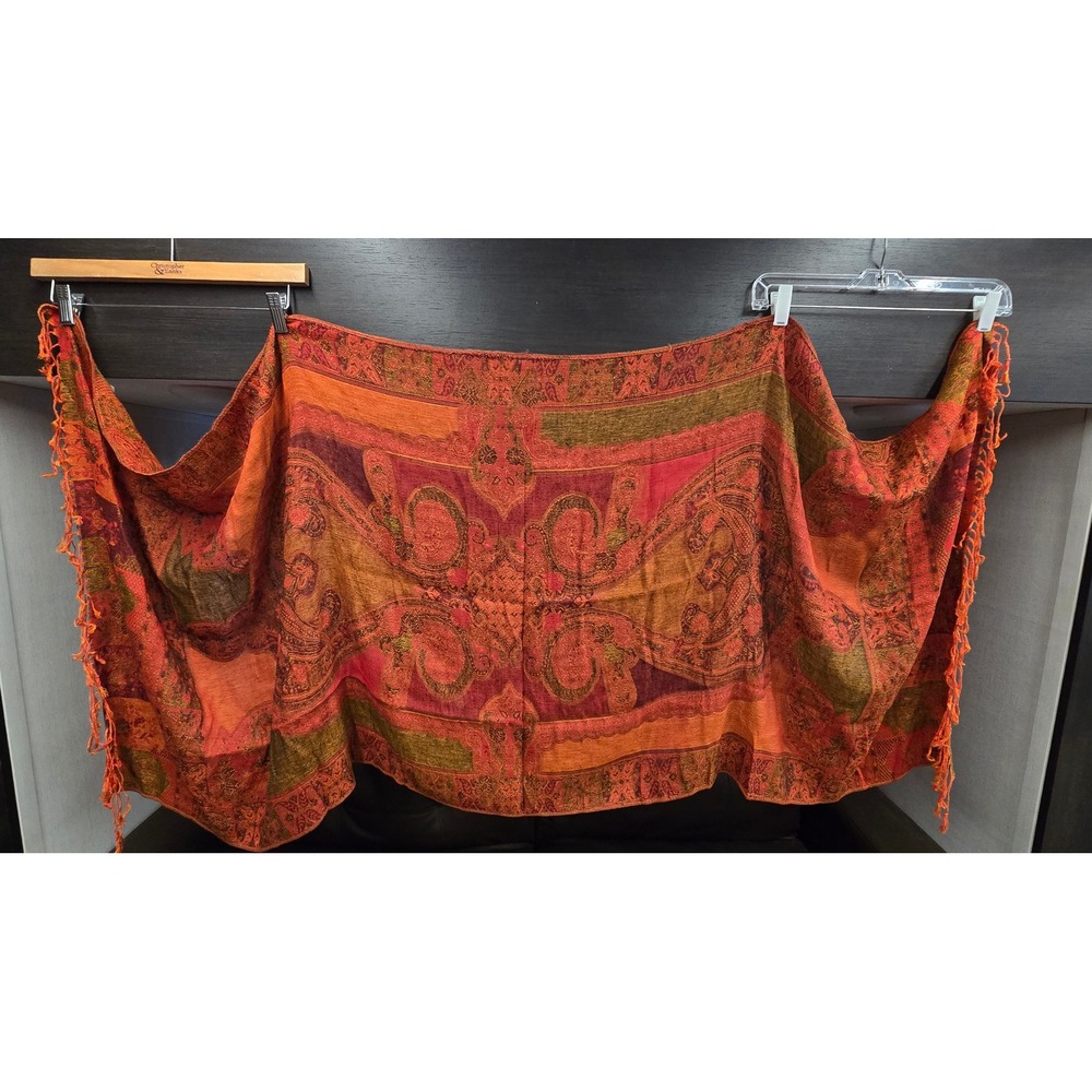Pashmina Silk Blend Paisley Shawl Scarf Orange Red Fringe Wrap Stole